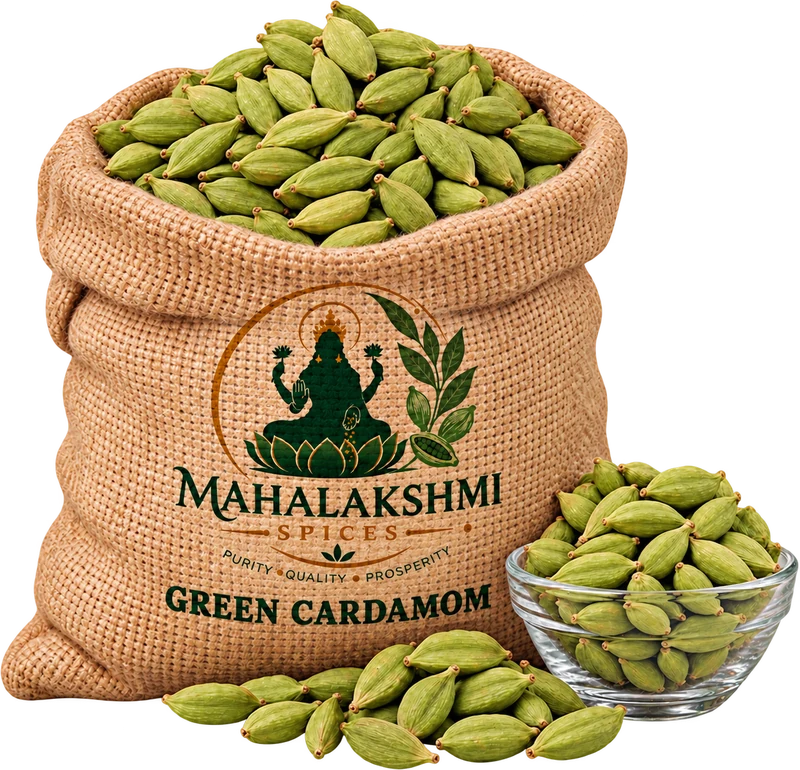 Jute sack of green cardamom printed with the Mahalakshmi Spices logo