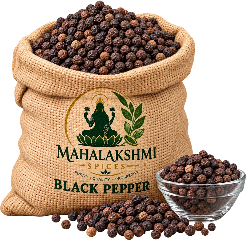 Jute sack of black pepper printed with the Mahalakshmi Spices logo